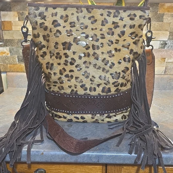 American Darling Leopard and Brown Fringe Shoulder Bag - Picture 1 of 10